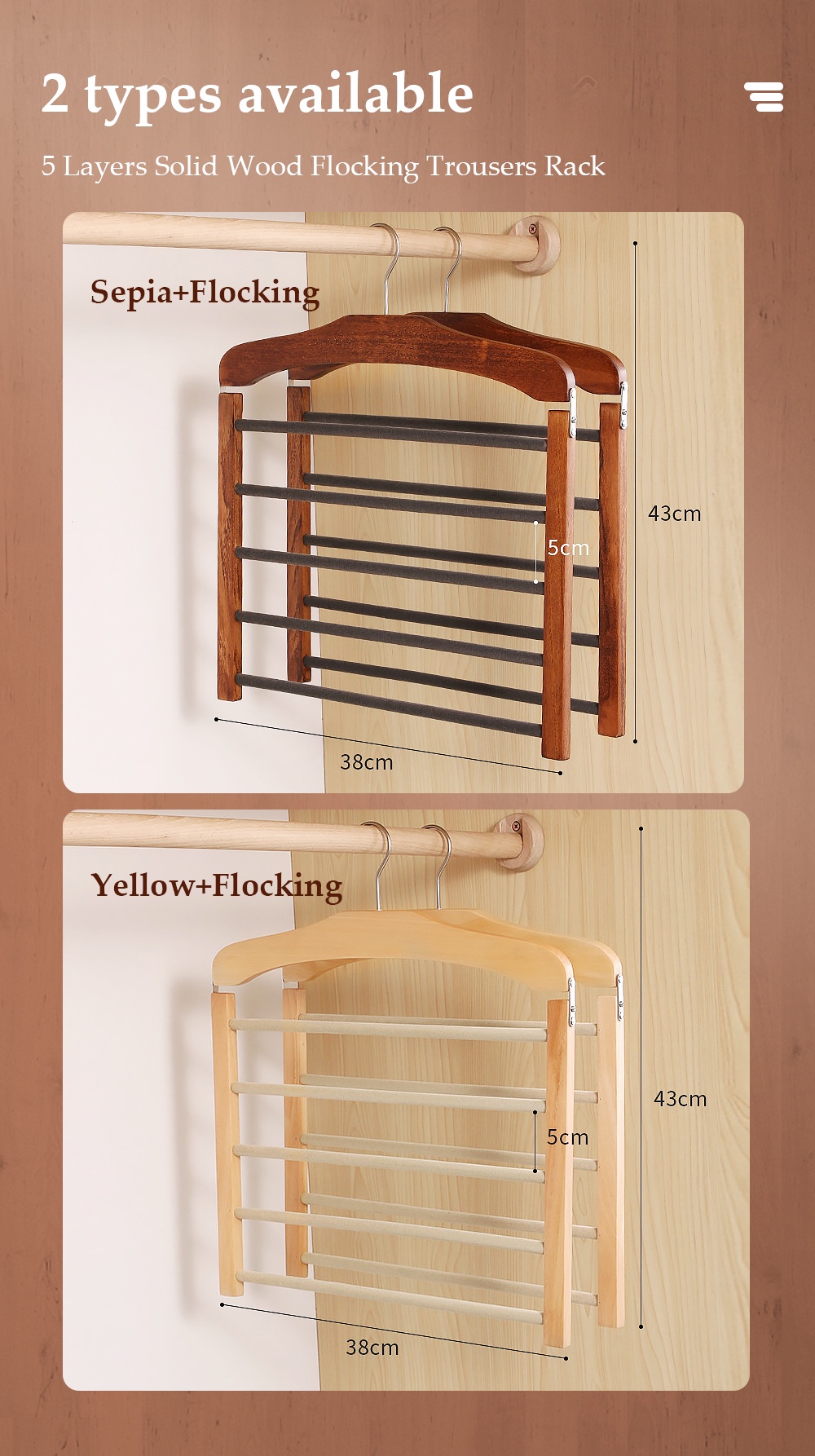 5 Layers Trousers Hanger Wooden Flocking-7